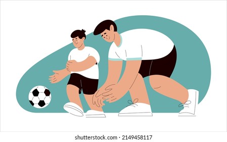 Father teaching son to play football, kick ball. Vector illustration in flat funny cartoon style. Man and boy soccer players. Sports game. Isolated footballers template. Modern trend character.