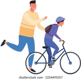 Father teaching son ride bicycle. Happy parents and kid isolated on white background