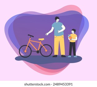 Father teaching son to ride bike. Young man and boy planning to travel by bicycle flat vector illustration. Active lifestyle, outdoor activities, family concept