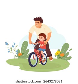 Father teaching son to ride a bike Vector illustration of happy dad supporting his little boy on bicycle. Parenting and outdoor activity Cute cartoon scene for Father's Day card, family poster, banner