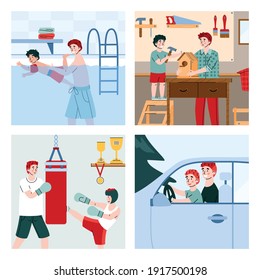 Father teaching son to swim in pool, carpenter, boxing and drive a car. Happy father day concept. Parent spending time together with child. Colorful vector flat illustrations.