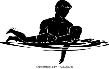 Father Teaching and Training Son Swimming 