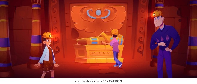 Father and teen children explore Egyptian temple room interior with pharaoh sarcophagus and columns. Cartoon vector family historical trip to underground ancient Egypt pyramid palace with mummy tomb.