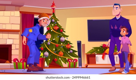 Father and teen son catch male robber red-handed in living room on Christmas. Cartoon vector man criminal in uniform and Santa hat take push pins out of clothes, angry and confused house owners.