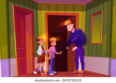 Father and teenage children play miners and researchers. Cartoon vector dad and teen kid boy and girl in worker helmets with headlight entering basement. Parent teach child about profession.