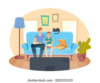 Vater und Teenager Sohn mit Pizza und Katze auf Sofa, sehen Sie Film und Lachen. Happy Family Characters Home Cinema Relax, People Watch TV Show Programm oder Film. Cartoon-Vektorgrafik