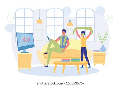 Father with Teenager Supporting Football Team Flat Cartoon Vector Illustration. Boy Raising Up Scarf and Showing Winner Gesture. Father and Son Sport Fans Watching TV. Good Result.