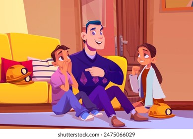 Padre contando una historia interesante a niños felices. Ilustración de dibujos animados de Vector de papá alegre y niños curiosos sentados en el piso en la sala de estar, comunicación de padres e hijos, diversión de fin de semana familiar