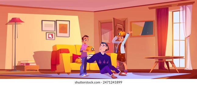 Father telling teen kids about coal miner or explorer profession in living room. Cartoon vector happy smiling teenage girl and boy listening dad and putting on protection helmets with headlight.