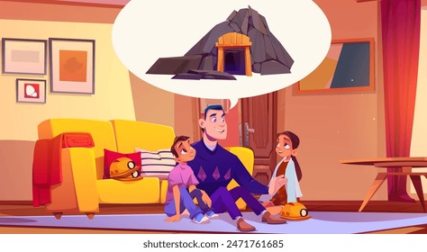 Father telling teen kids about coal mine while sitting on floor carpet in living room. Cartoon vector teenage girl and boy listening dad story about profession miner. Parent talk with children.