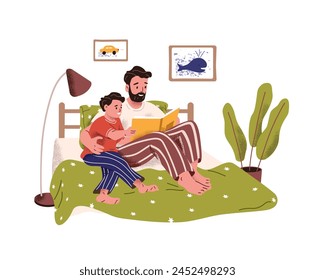 Father tells bedtime stories to son. Happy family, dad and kid read fairytales in bed together. Parent holds book, spends time with his child. Flat isolated vector illustration on white background