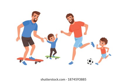 Father and their Sons Doing Sports Together, Cheerful Men and Boys Playing Soccer and Riding Skateboard Cartoon Vector Illustration