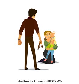The father threatened violence to his wife with a child. Vector Illustration of a flat design.