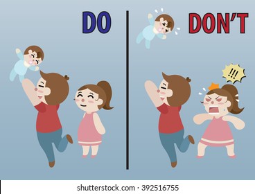 father throw his baby to the sky too high and his wife stand beside him comparison do and do not cartoon vector 