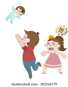 father throw his baby to the sky too high and his wife stand beside him cartoon vector 
