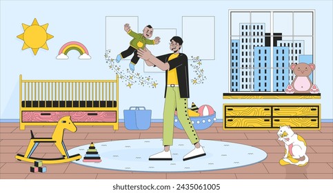 Father throwing baby in air cartoon flat illustration. Middle eastern dad infant playtime in nursery 2D line characters colorful background. Male parent and toddler scene vector storytelling image