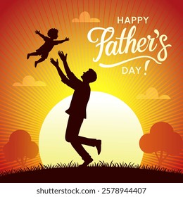 Father throwing his son up to the sky with sunrise background. Happy Father's Day greeting card. Vector illustration