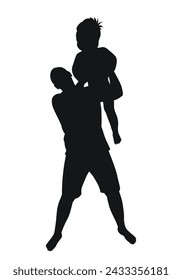 Father throwing his son up, silhouette of dad and son together, isolated vector