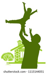 father throws his son up. Silhouettes of father and son.