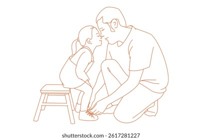 The father ties his daughter's shoes. Her father is lacing her daughter's shoes