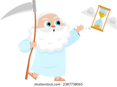 Father Time Man Cartoon Character With Scythe Try To Catch Flying Hourglass. Vector Illustration Flat Design Isolated On Transparent Background