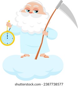 Father Time Man Cartoon Character With Scythe Showing A Clock. Vector Illustration Flat Design Isolated On Transparent Background
