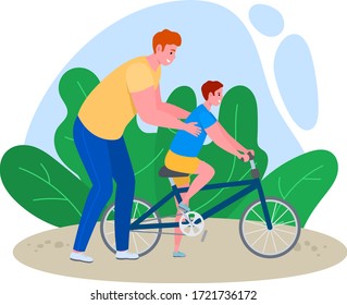 Tiempo padre con la ilustración vectorial hijo. Caricatura de papá plano enseñando a los niños a montar en bicicleta, en bicicleta en el parque, actividades deportivas familiares al aire libre de verano, feliz paternidad aislada en blanco