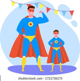 Father time with son vector illustration. Cartoon flat strong dad and kid boy characters wearing in superhero costumes, have fun on party. Happy parenthood, Father day concept isolated on white