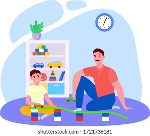 Father time with son vector illustration. Cartoon flat daddy character playing fun car toys together with smiling kid boy in playroom interior and enjoying happy family home activity isolated on white