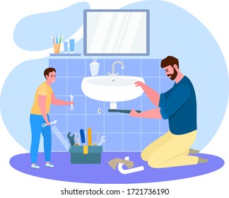 Father time with son vector illustration. Cartoon flat dad handyman character sitting on floor, fixing bathroom equipment and teaching kid boy. Family home repair activity, housework isolated on white