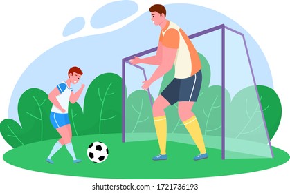 Father time with son vector illustration. Cartoon flat dad character training, playing soccer with boy on football grass pitch, family outdoor summer sport activity, happy parenthood isolated on white
