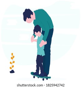 Father time with son vector illustration. Dad teaching boy to skate, skateboarding in park, family summer outdoor sport activity, happy fatherhood