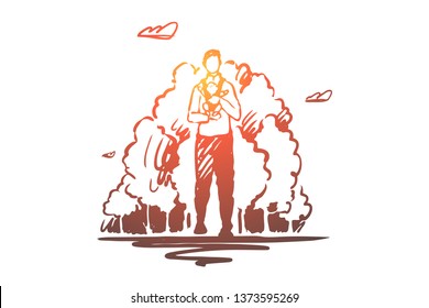 Father with toddler in front baby carrier, dad and child on outdoor stroll, man with kangaroo bag. Daily walk in park, fatherhood routine, parenting concept sketch. Hand drawn vector illustration
