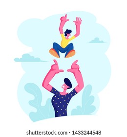 Father Tossing Up High Air Joyful Baby Boy, Healthy Child Outdoors Activity, Active Lifestyle, Having Fun with Family on Summer Vacation, Dad and Son Love, Relations, Cartoon Flat Vector Illustration