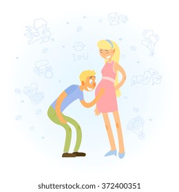 Father touches the belly of his wife, waiting for baby boy. Happy family waiting for a baby