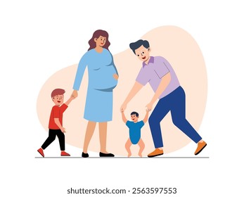 A father is training his toddler son to walk, the mother is pregnant with her third child and she is holding her first son.
design, vector, illustration