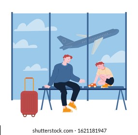 Father Traveling with Son on Summer Vacation. Young Man and Little Boy Play with Car in Airport Terminal Waiting Area, Airplane Fly in Sky. Happy Family Trip Cartoon Flat Vector Illustration, Line Art