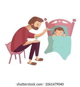 Father treating an ill daugter having high temperature vector cartoon illustration