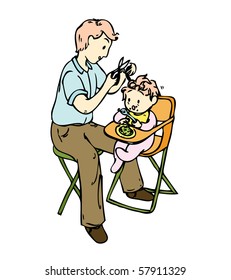 A father trying to cut his baby hair, while the baby is sitting enjoying the meal.