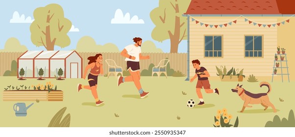 Father with two children boy and girl playing football at the backyard flat vector illustration isolated on white.