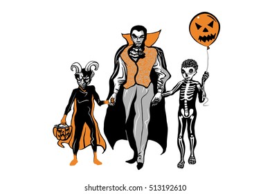 Father with two children going trick or treat on Halloween