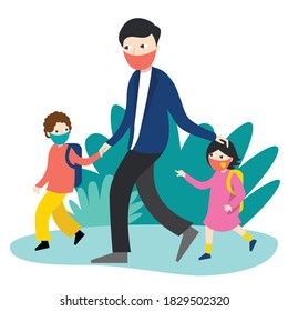 Father with two children in protective masks going to school, nursery. Back to school, coronavirus pandemic time. Vector Illustration.