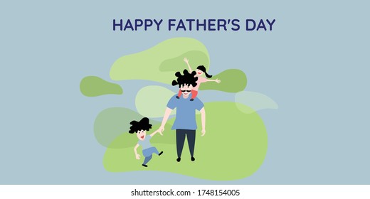 Father and two children Was walking and happy