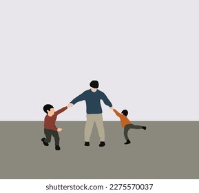 Father with two kid playing together at the public park carefree happy fun smiling lifestyle. Fathers day. Childhood, parenting, happiness concept