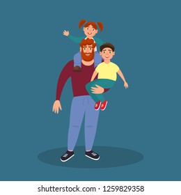 Father with two kids. Happy family flat style vector illustration