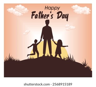 A father with two kids in a scenic sunset scene. Perfect for Father's Day themes highlighting paternal care, family bonds, and special moments of togetherness. Flat vector modern illustration 