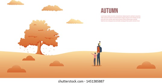 Father with two kids, sons on a trip or walk outdoors during fall or autumn, vector background. Seasonal website banner or header with happy family together. Eps10 illustration