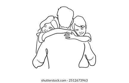 Father and two son continuous line art drawing isolated on white background. Fathers day. Vector illustration	