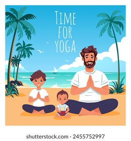 Father and two sons doing yoga in lotus position on sea beach. Family yoga, fitness outdoor concept. Flat vector illustration