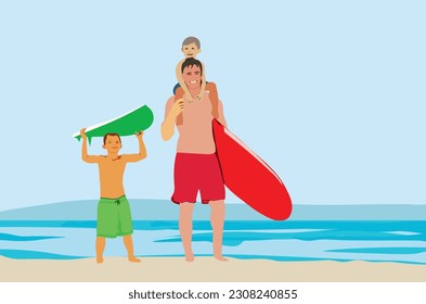 father and two sons playing surf on the beach. Vacation family with surfing lesson